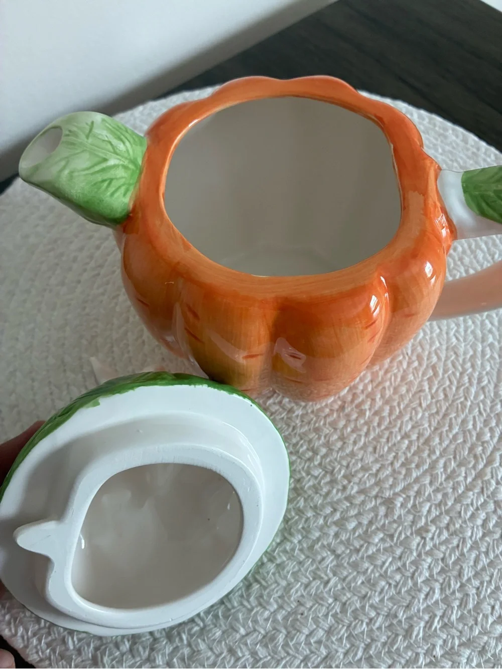 Ceramic Orange Pumpkin Teapot with Green Leaf Lid and White Bunny
